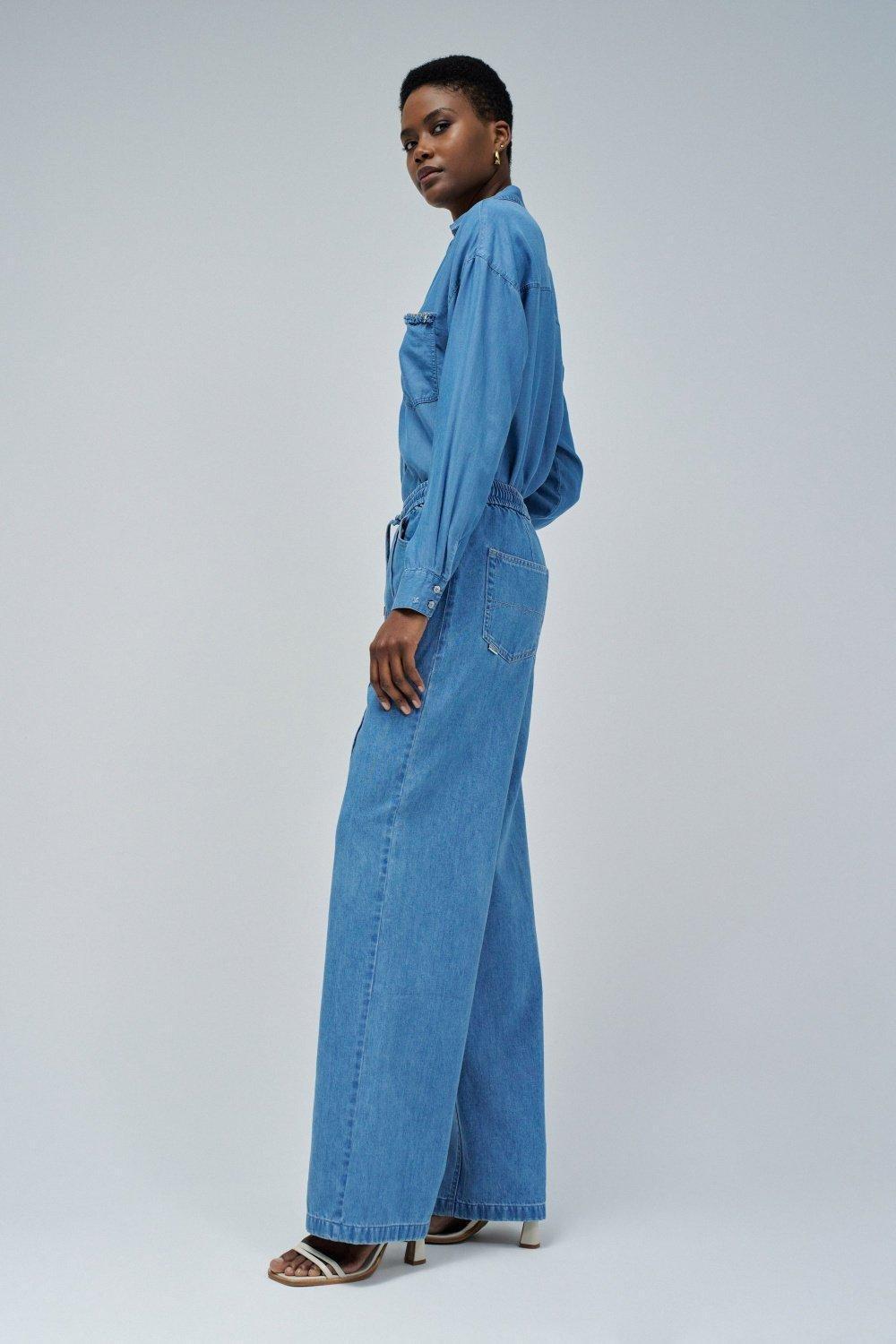 Blue Lightdenim Joggers Trousers With Wide Leg, , large image number 2