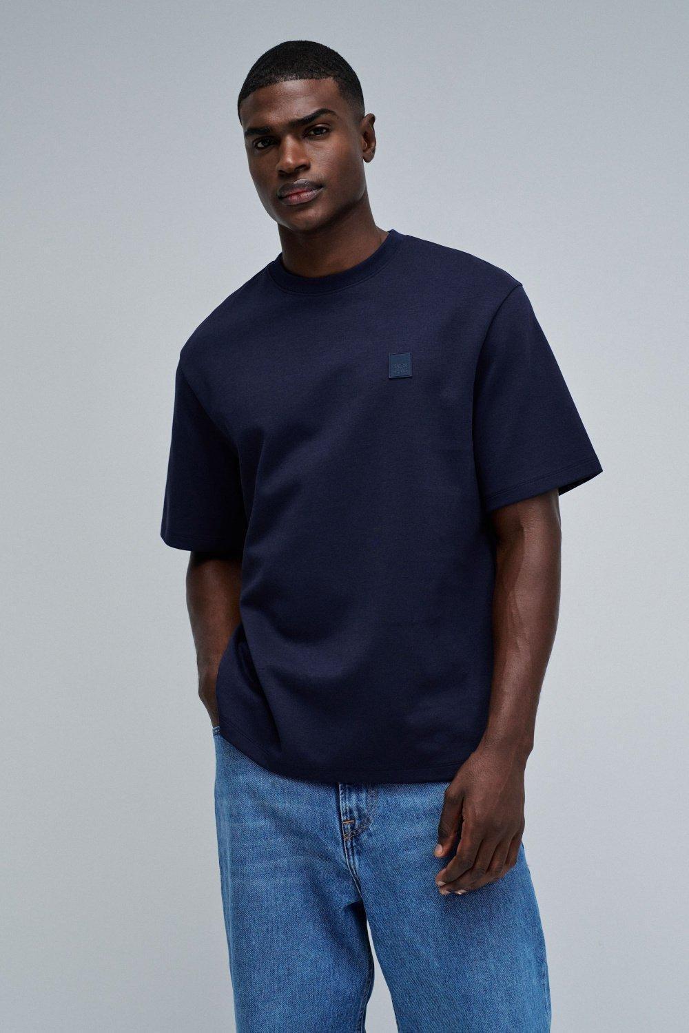 T-Shirt Relaxed Fit with Rubber Badge, Navy, medium