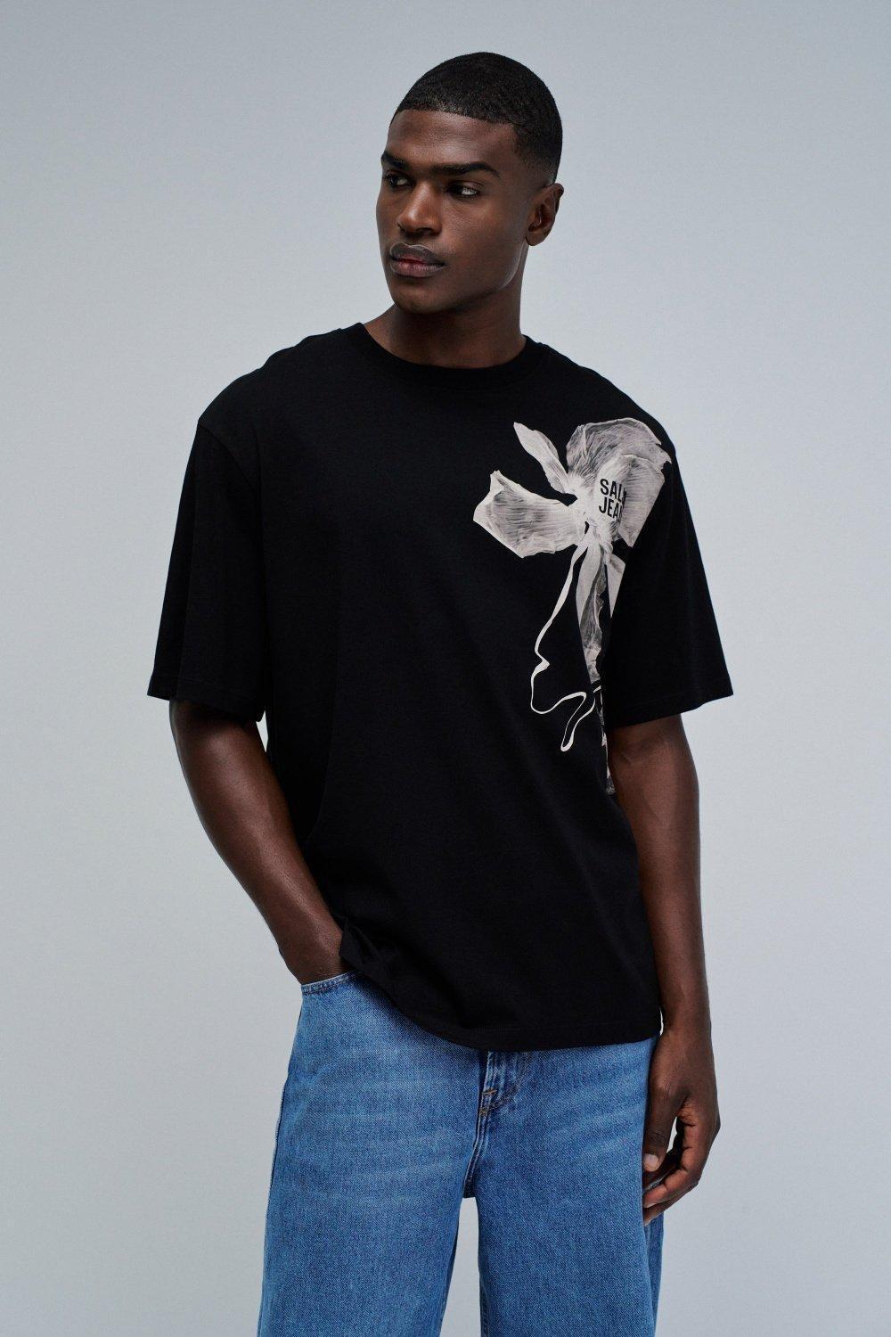 T-Shirt Relaxed Fit With Floral Print, Black, medium