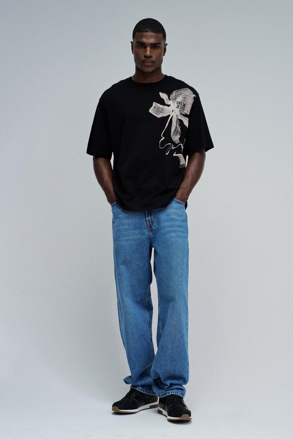 T-Shirt Relaxed Fit With Floral Print, Black, medium