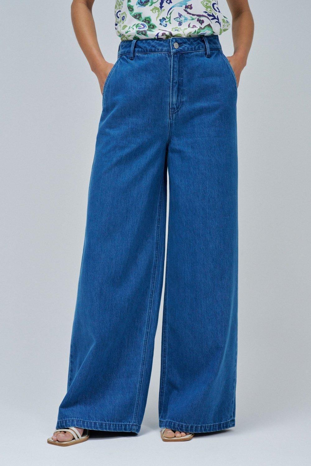 Blue Trousers In Lightdenim With Wide Leg, , medium