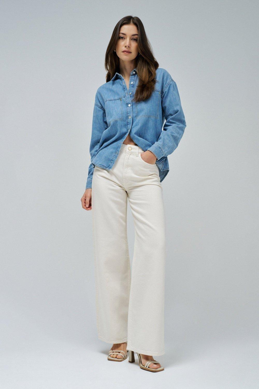 Beige Plain Wide-Leg Jeans, , large image number 1