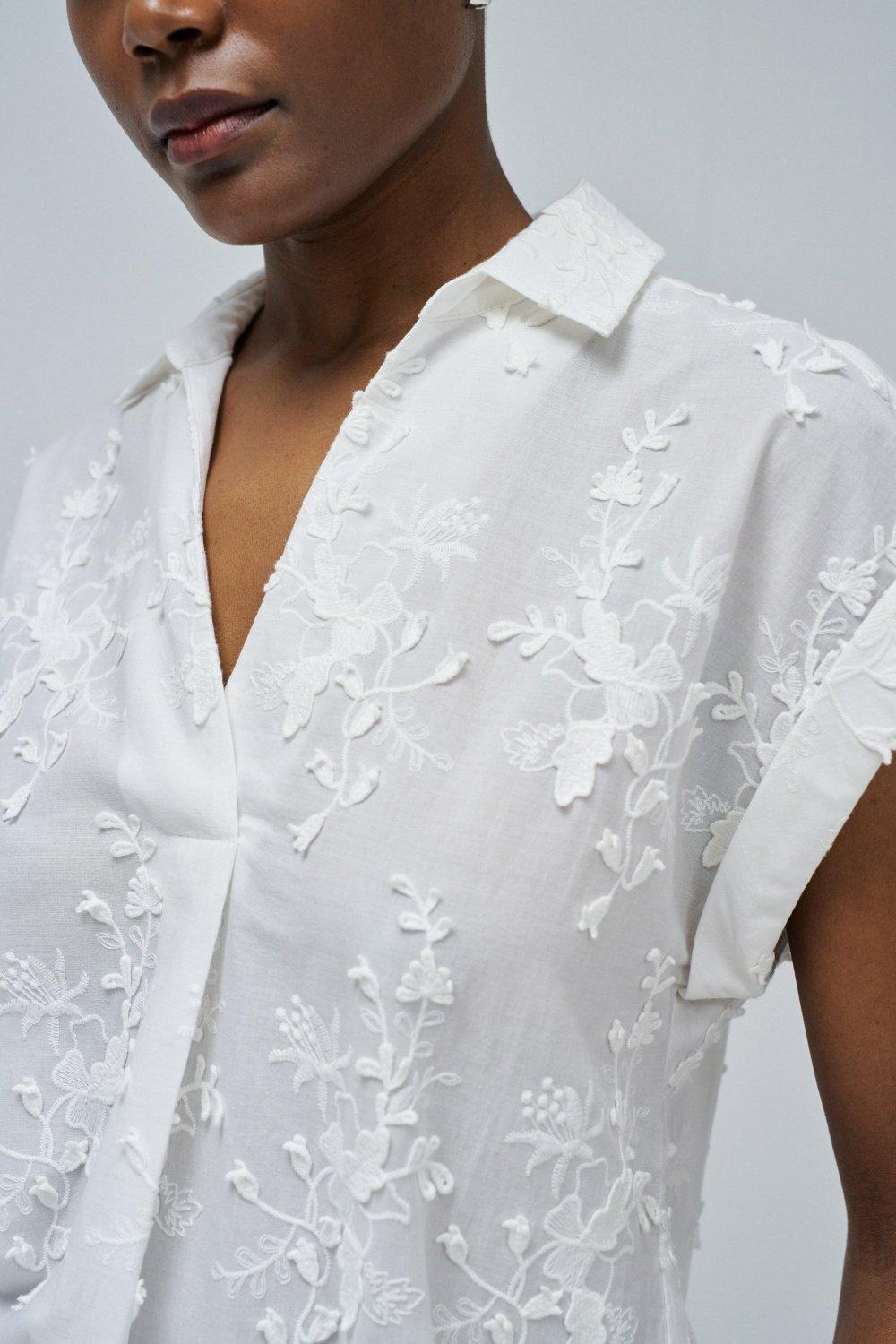 Top With Floral Embroidery , White, large image number 4