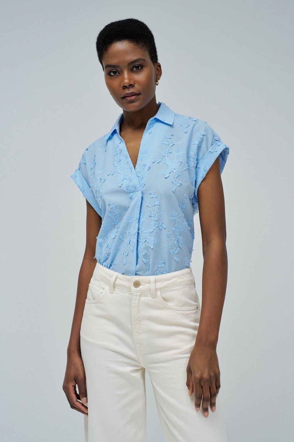 Top With Floral Embroidery , Blue, large image number 0