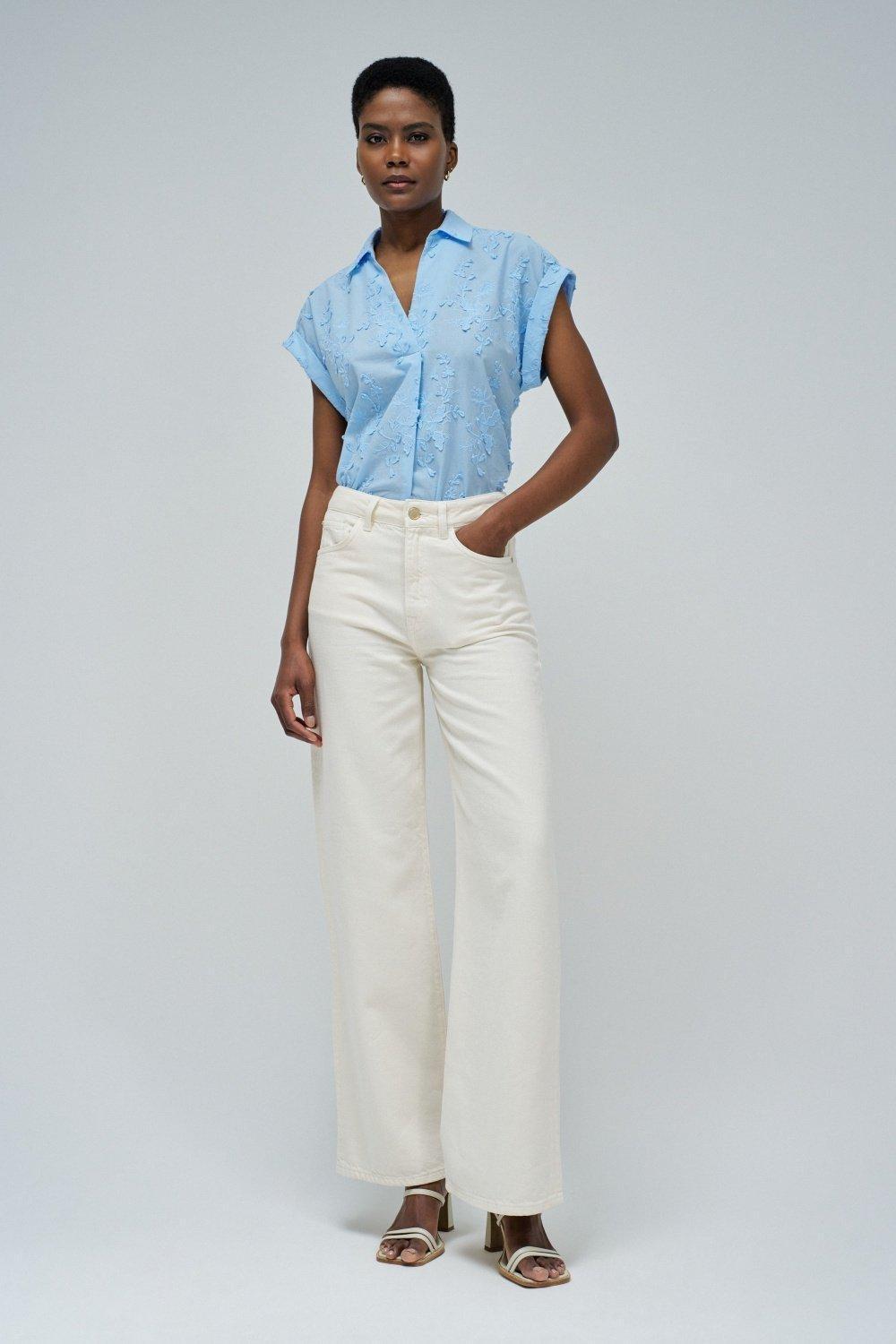 Top With Floral Embroidery , Blue, large image number 1