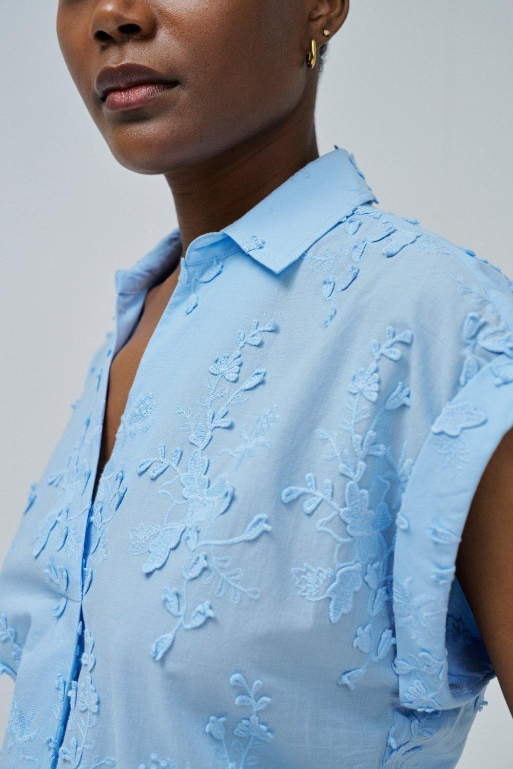 Top With Floral Embroidery , Blue, large image number 4