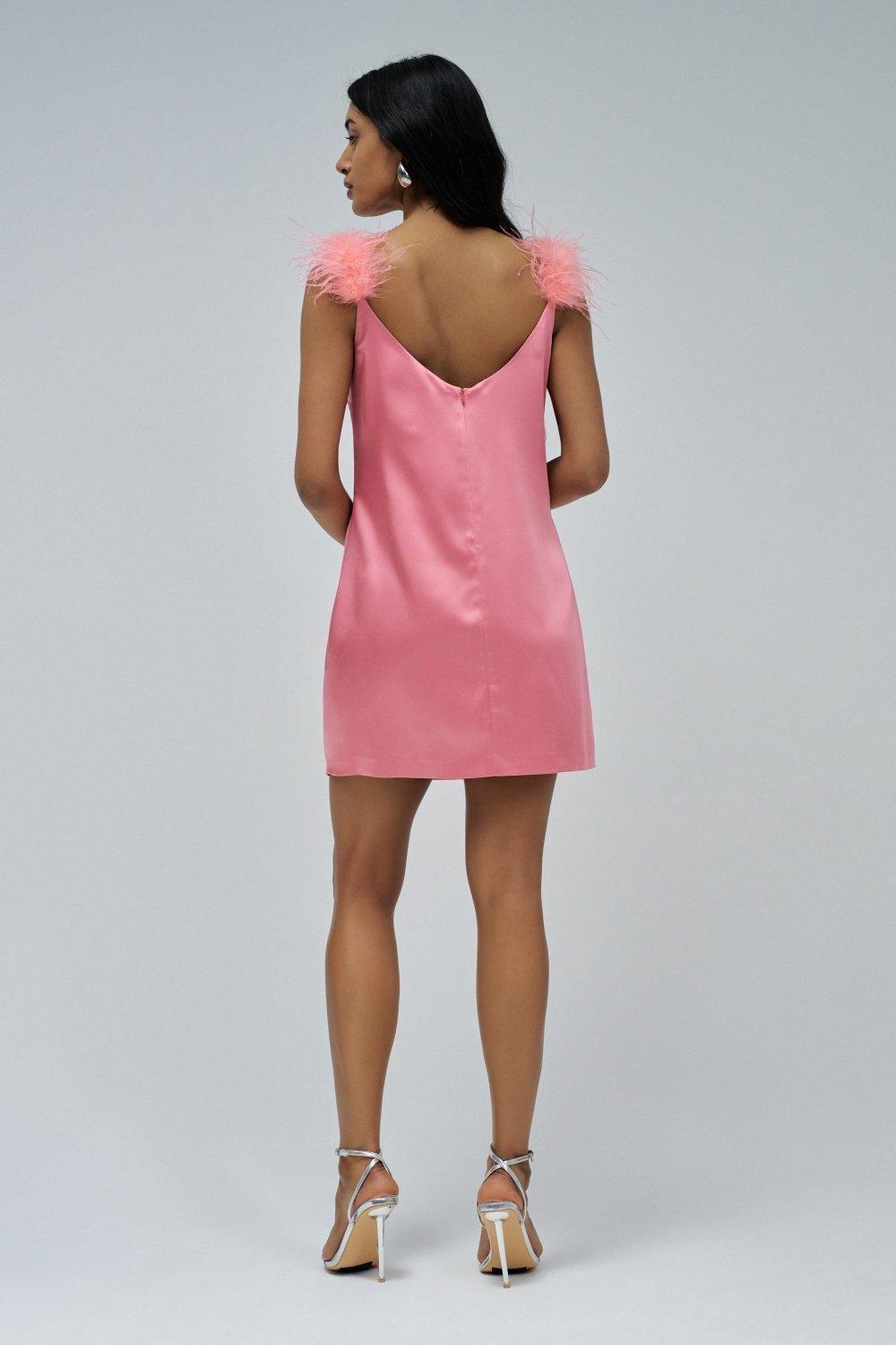 Satin Dress With Feathers&nbsp;, Pink, large image number 3