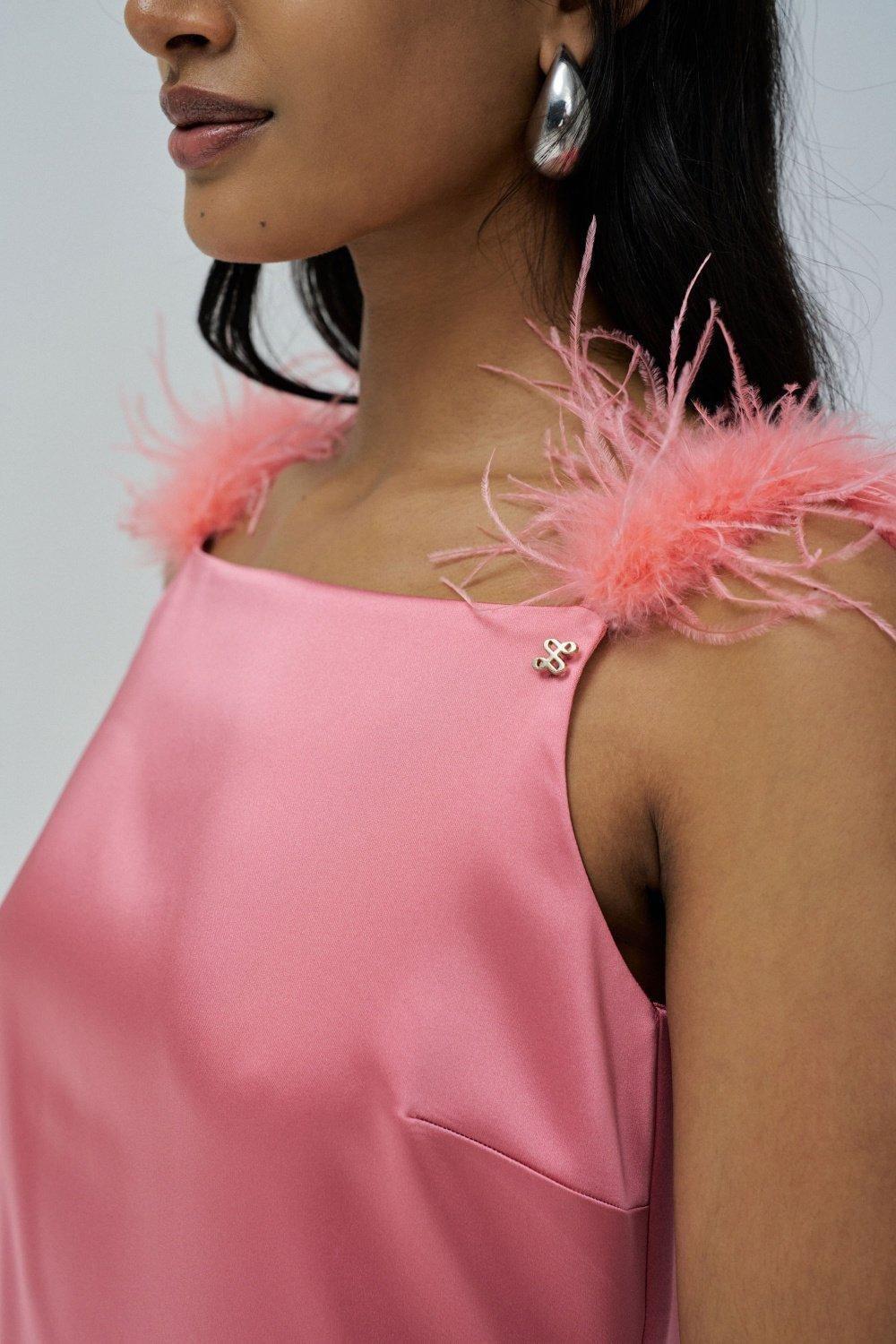 Satin Dress With Feathers&nbsp;, Pink, large image number 4
