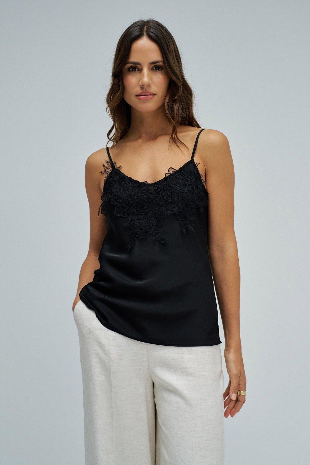 Satin Top With Lace, Black, medium