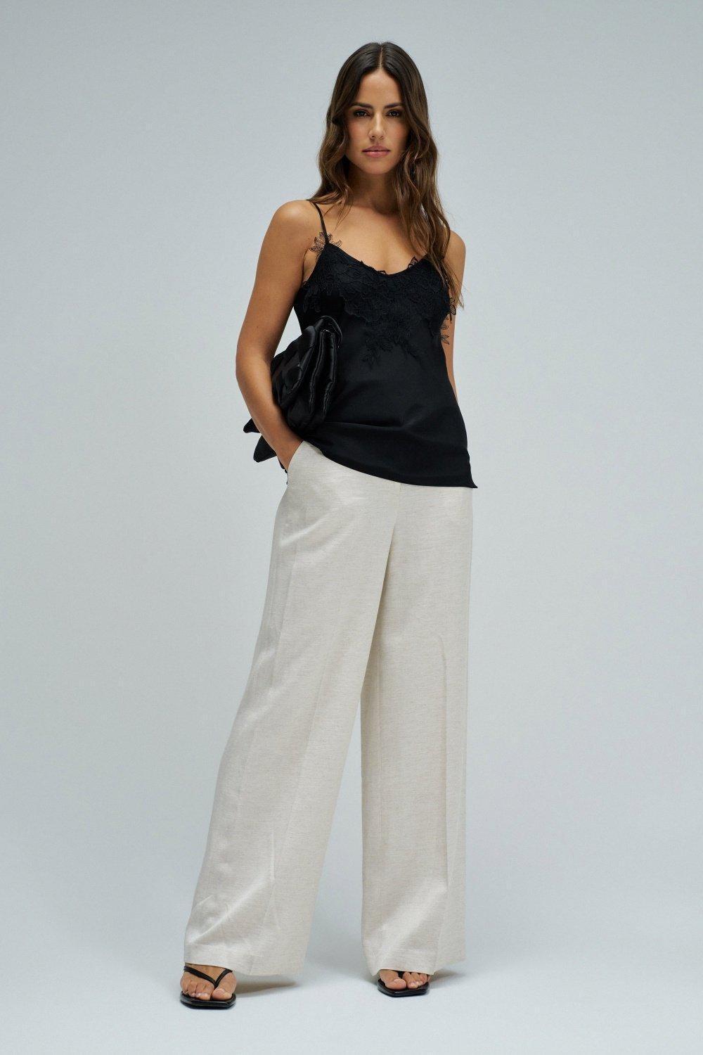 Satin Top With Lace, Black, medium