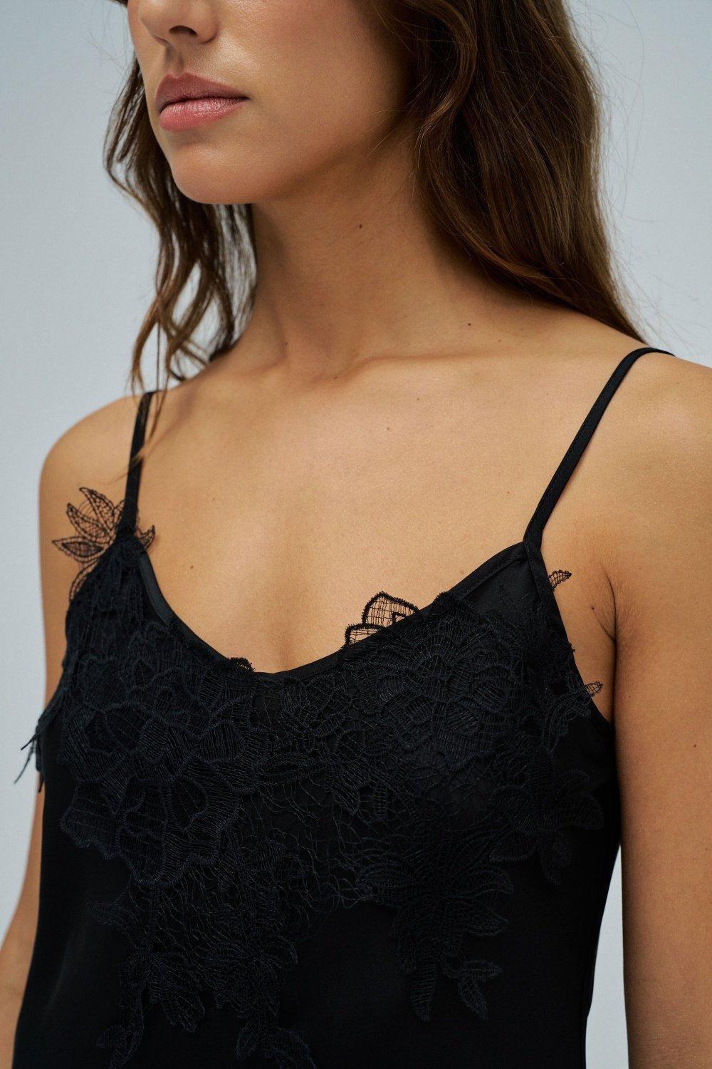 Satin Top With Lace, Black, large image number 4