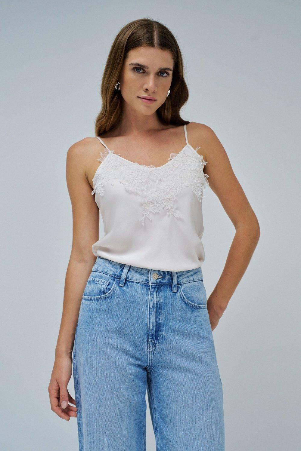 Satin Top With Lace, Beige, medium