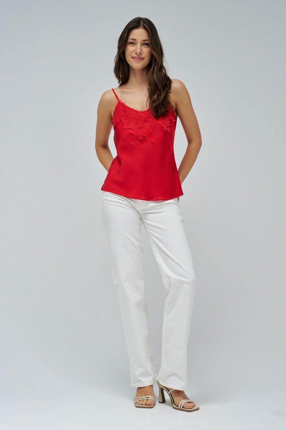 Satin Top With Lace , Red, medium