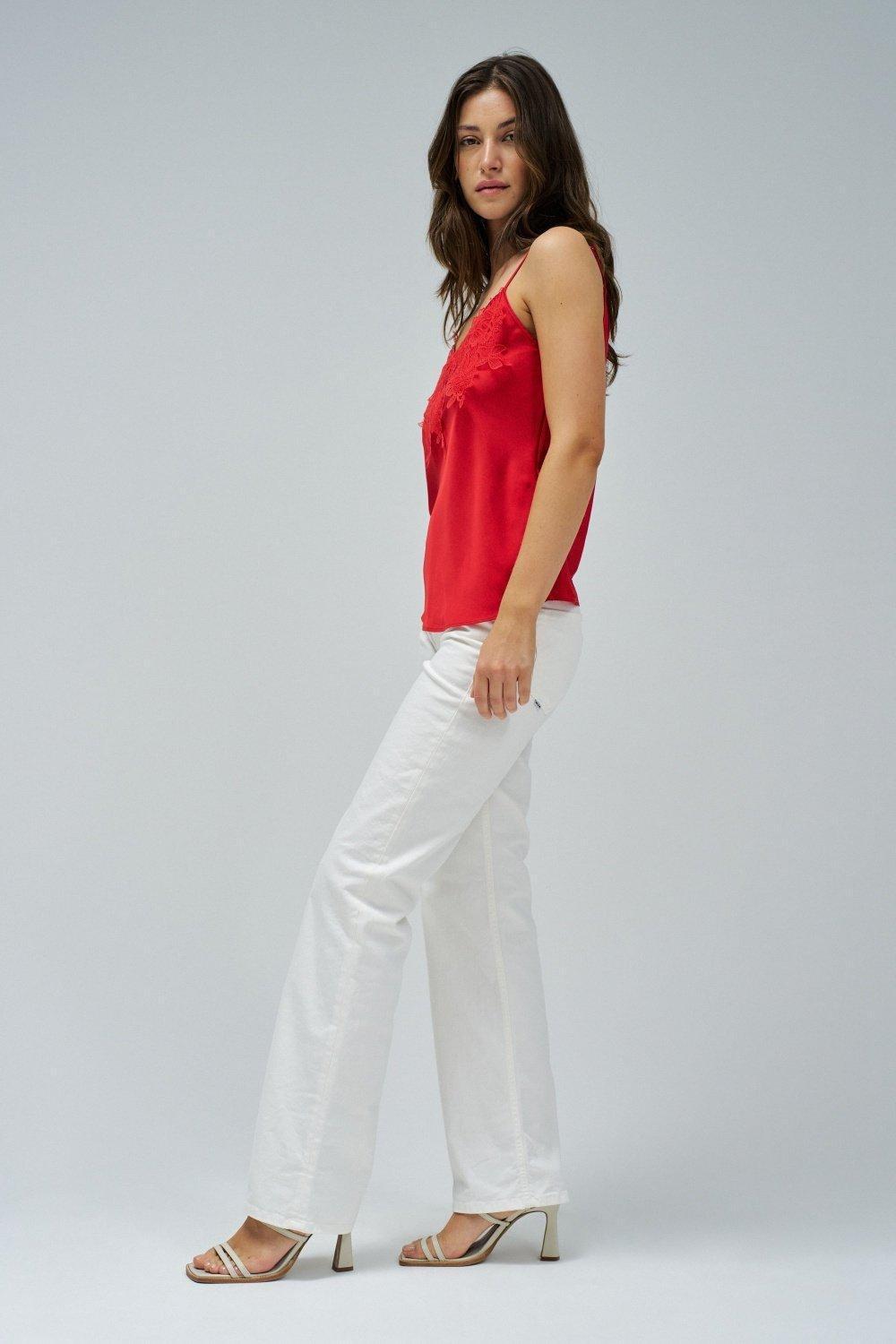 Satin Top With Lace , Red, medium