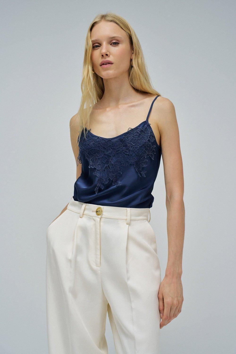 Satin Top With Lace, Navy, medium