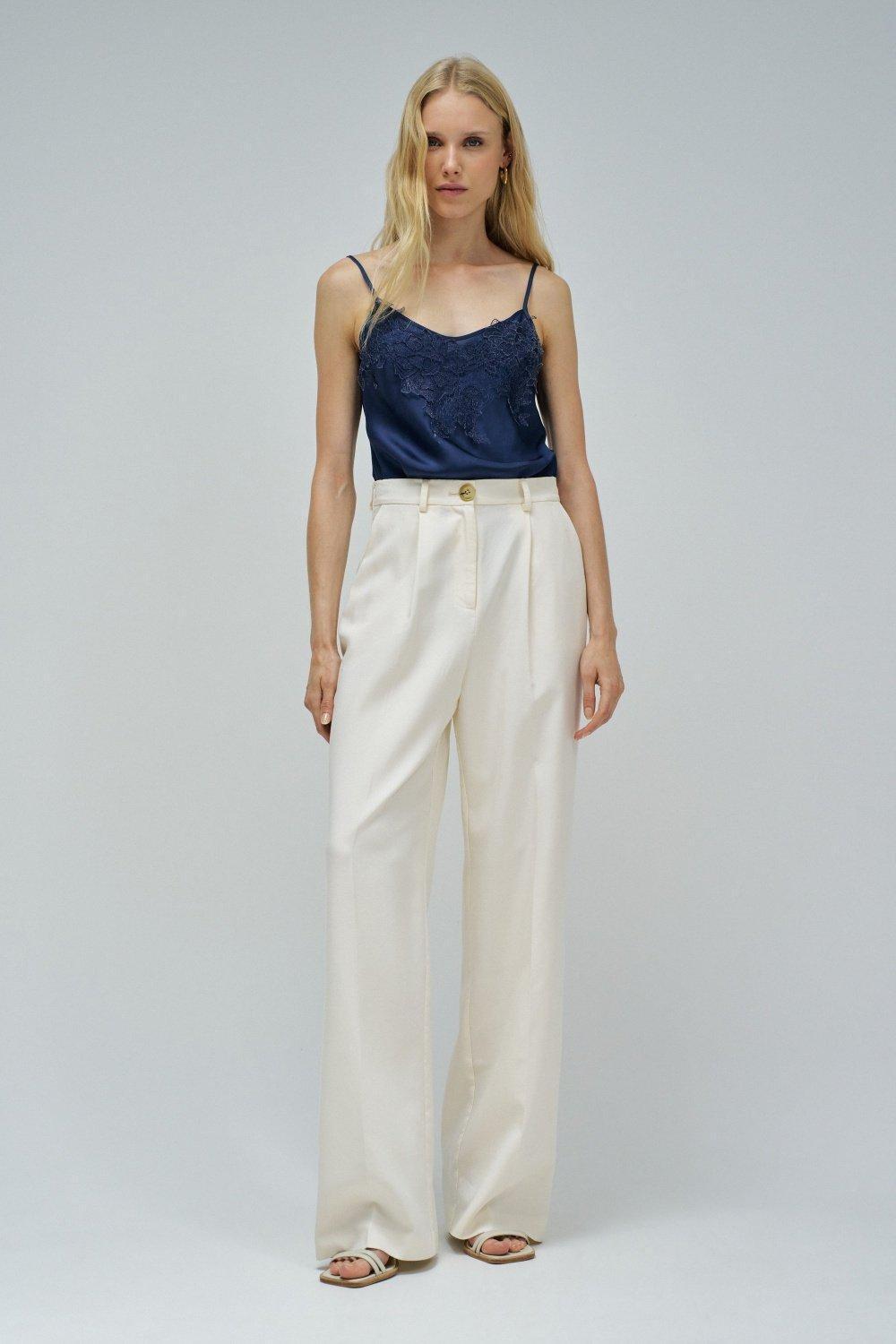 Satin Top With Lace, Navy, medium