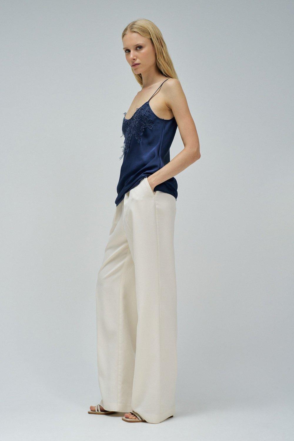 Satin Top With Lace, Navy, medium