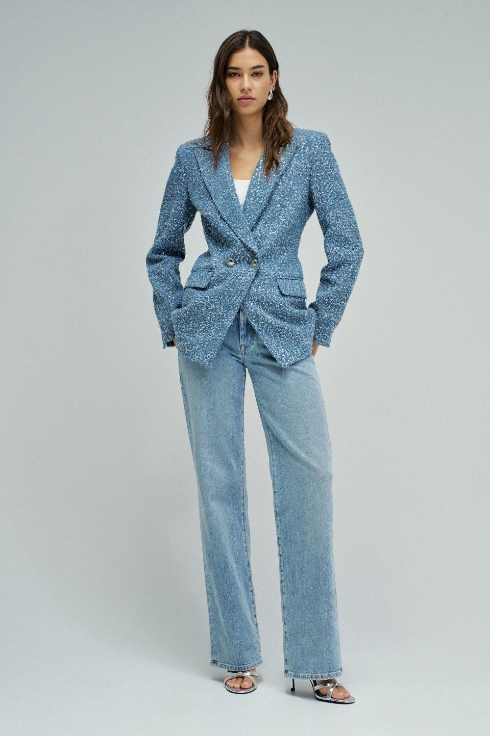 Denim Blazer With Jacquard And Sequins, Blue, medium