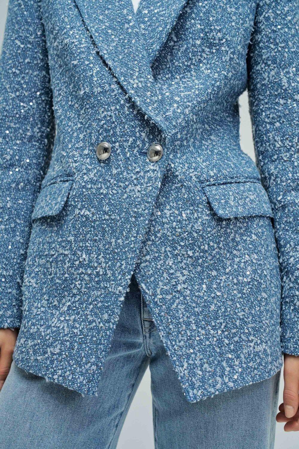 Denim Blazer With Jacquard And Sequins, Blue, large image number 4