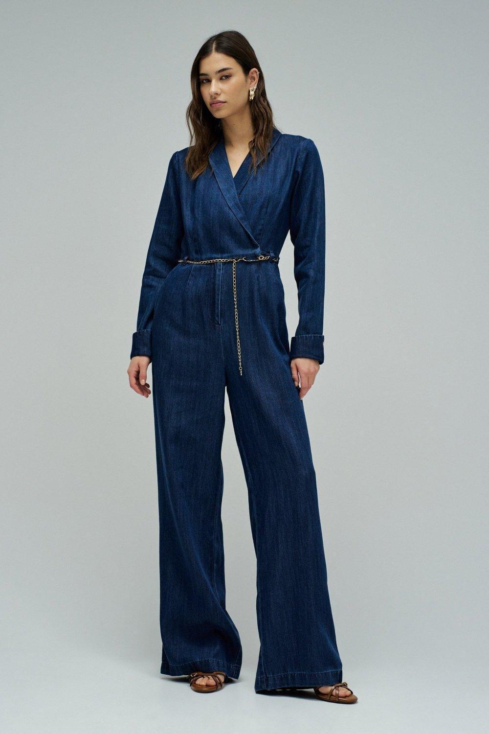 Lightdenim Jumpsuit With Wide Leg, Dark Blue, medium