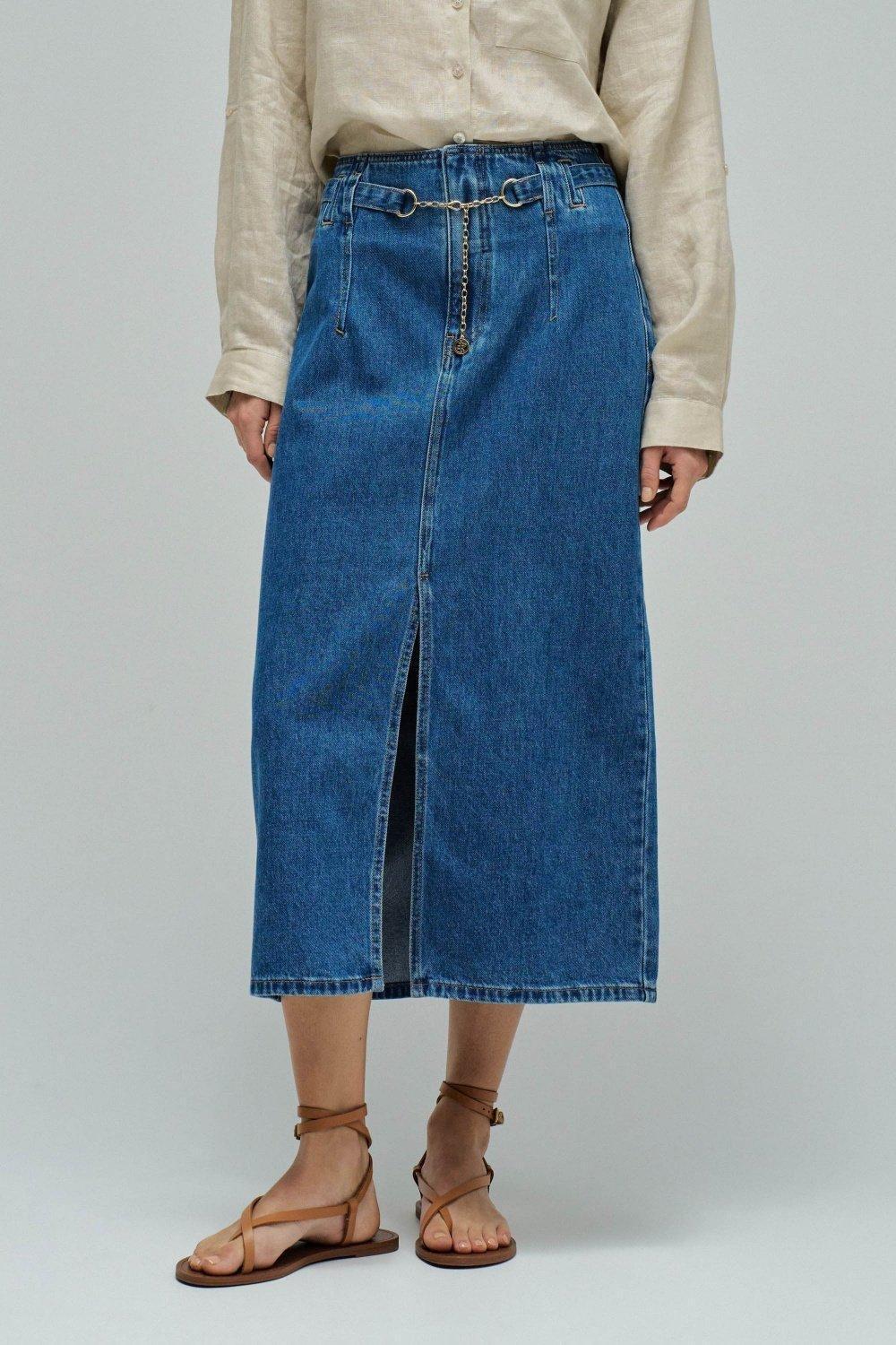 Denim Midi Skirt, Navy, medium