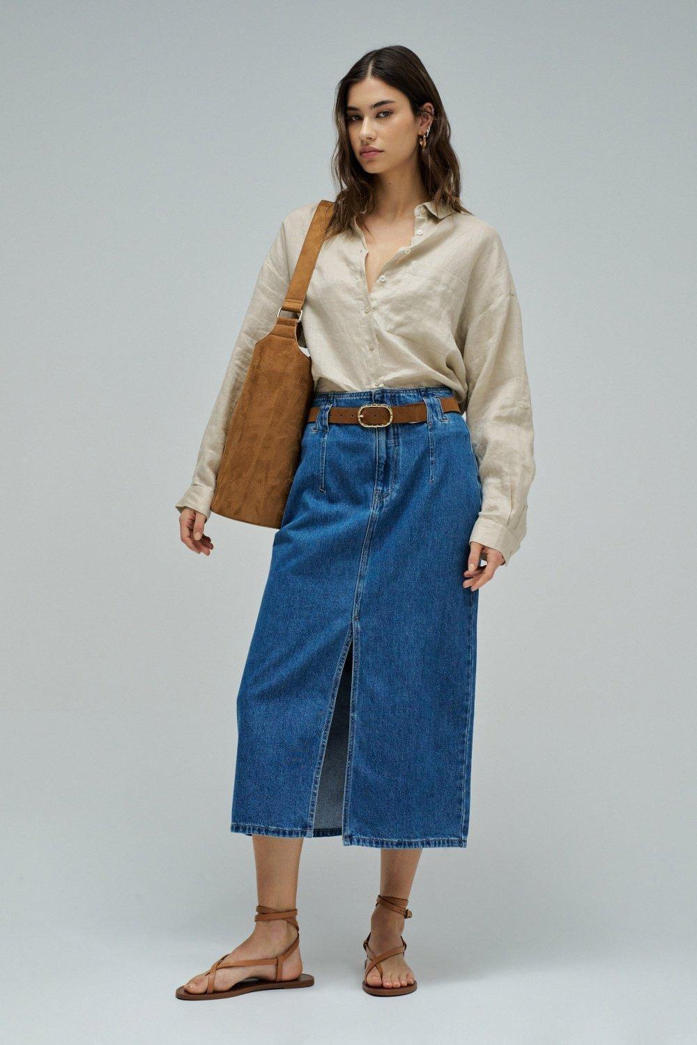 Denim Midi Skirt, Navy, medium