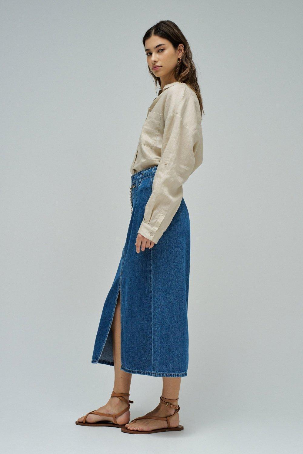 Denim Midi Skirt, Navy, medium
