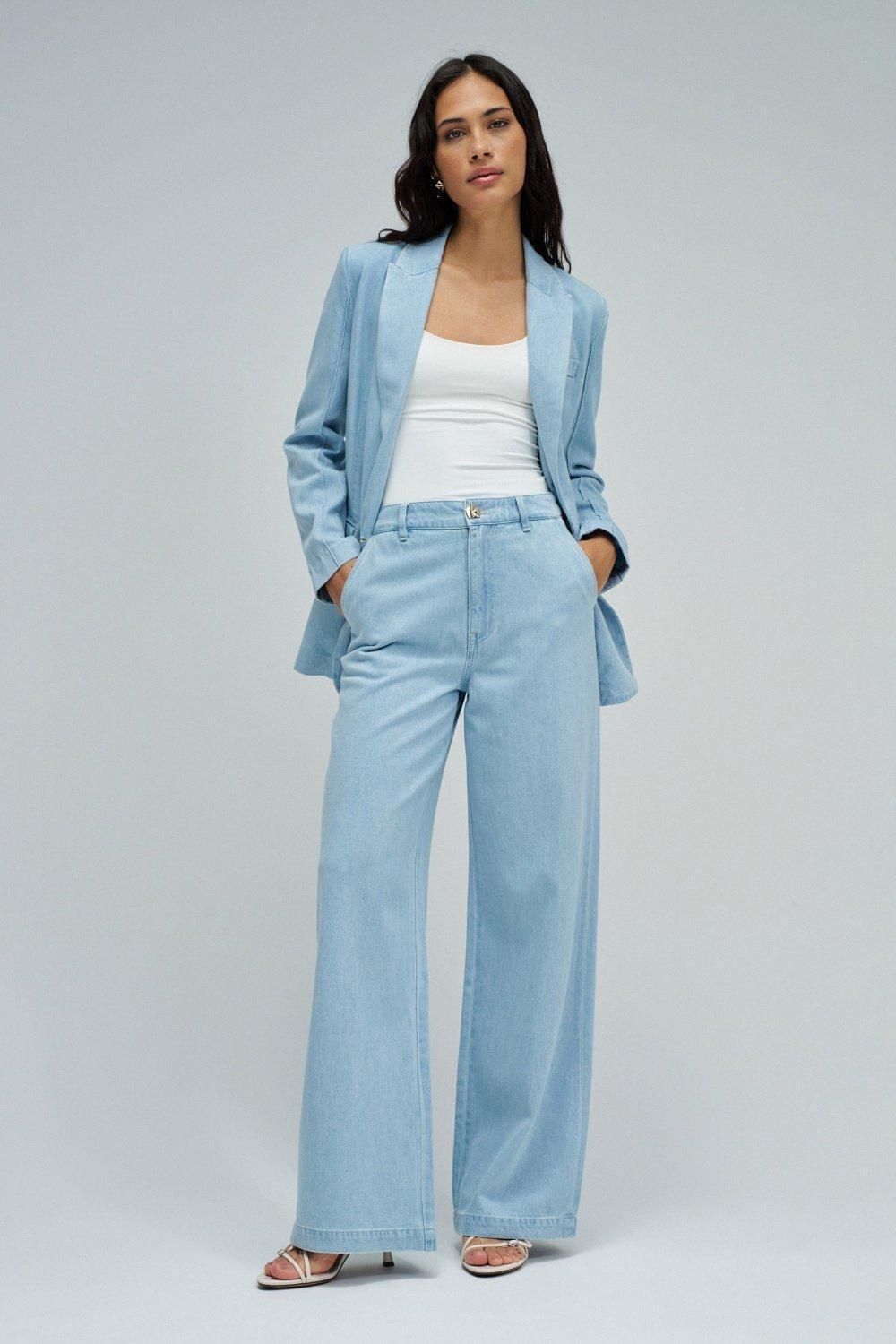 Wide Leg Chino Trousers in Lightdenim, Blue, medium