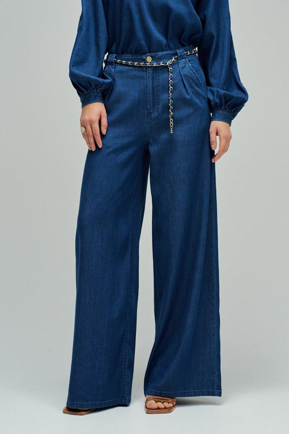 Wide Leg Chino Trousers In Lightdenim, Dark Blue, large image number 0