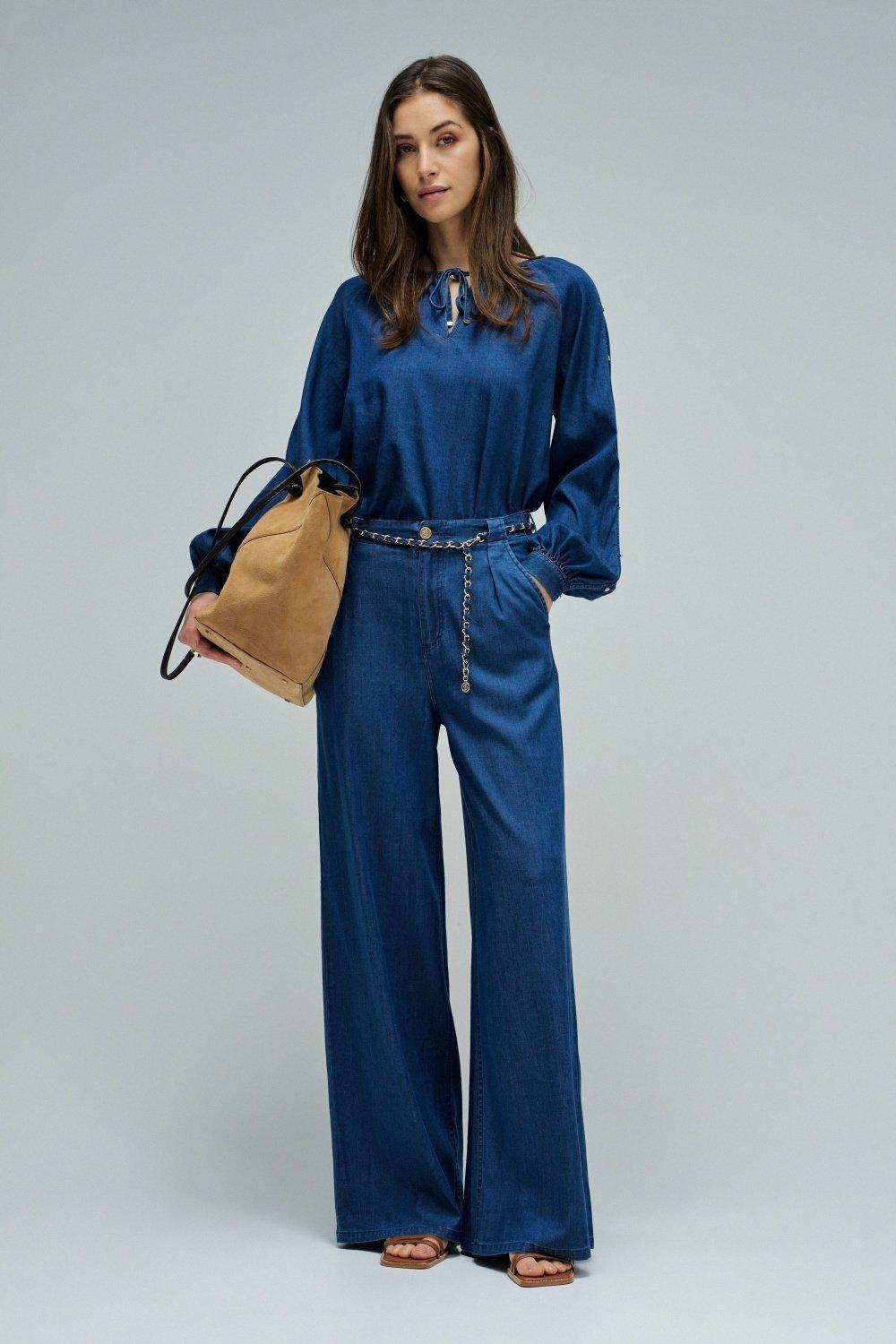 Wide Leg Chino Trousers In Lightdenim, Dark Blue, large image number 1