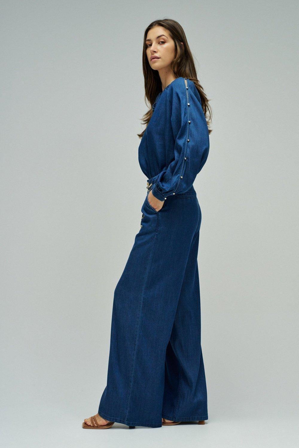 Wide Leg Chino Trousers In Lightdenim, Dark Blue, large image number 2