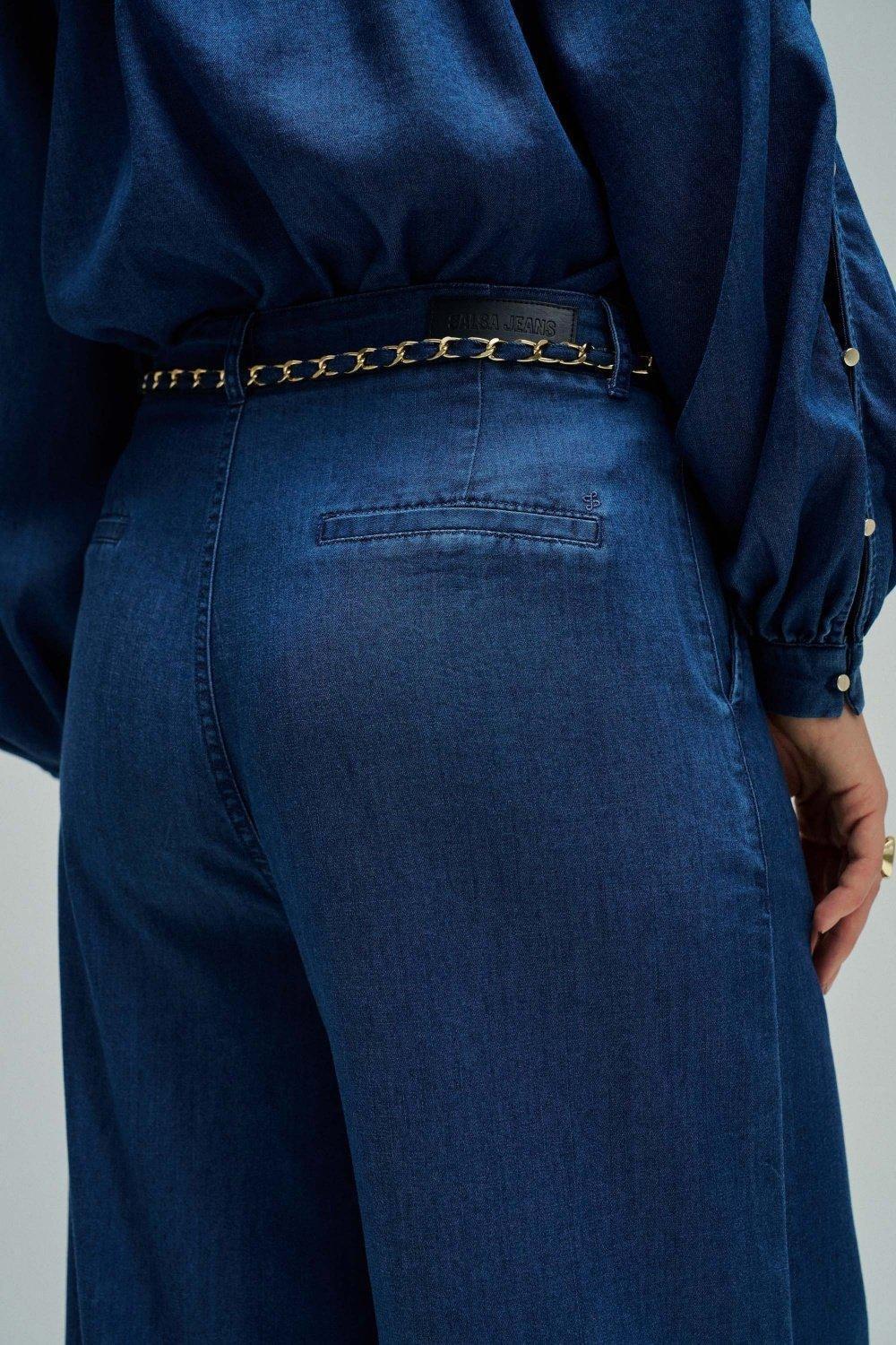 Wide Leg Chino Trousers In Lightdenim, Dark Blue, large image number 4