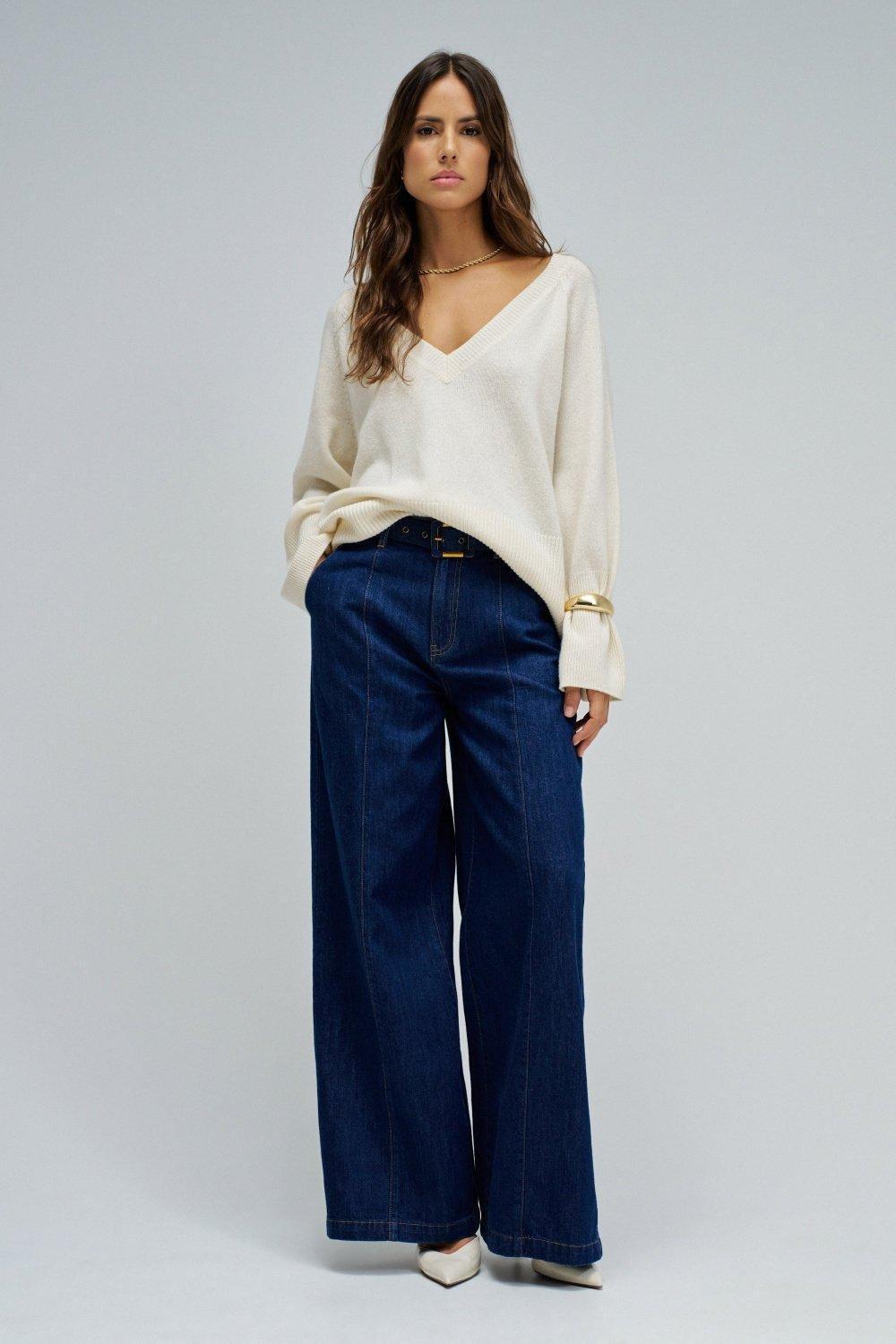 Wide Leg Chino Trousers, Dark Blue, large image number 1