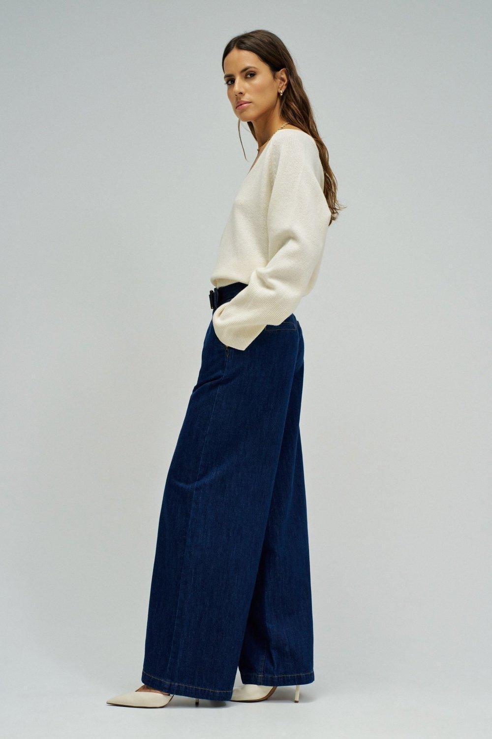 Wide Leg Chino Trousers, Dark Blue, medium