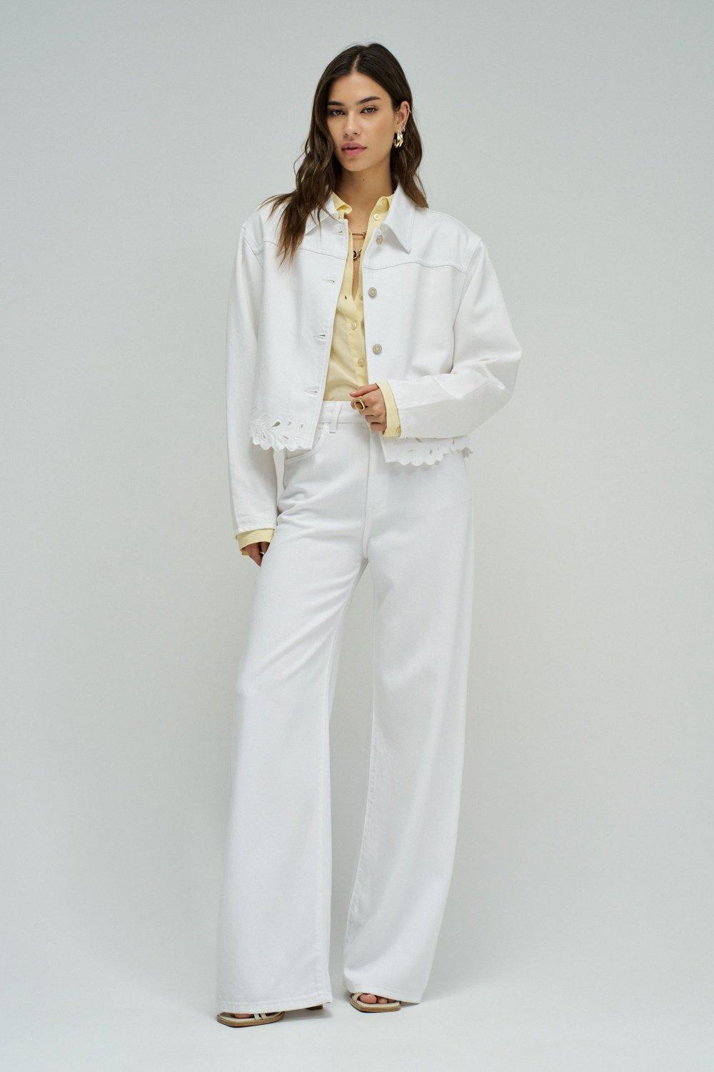 Denim Jacket with Embroidery, White, medium