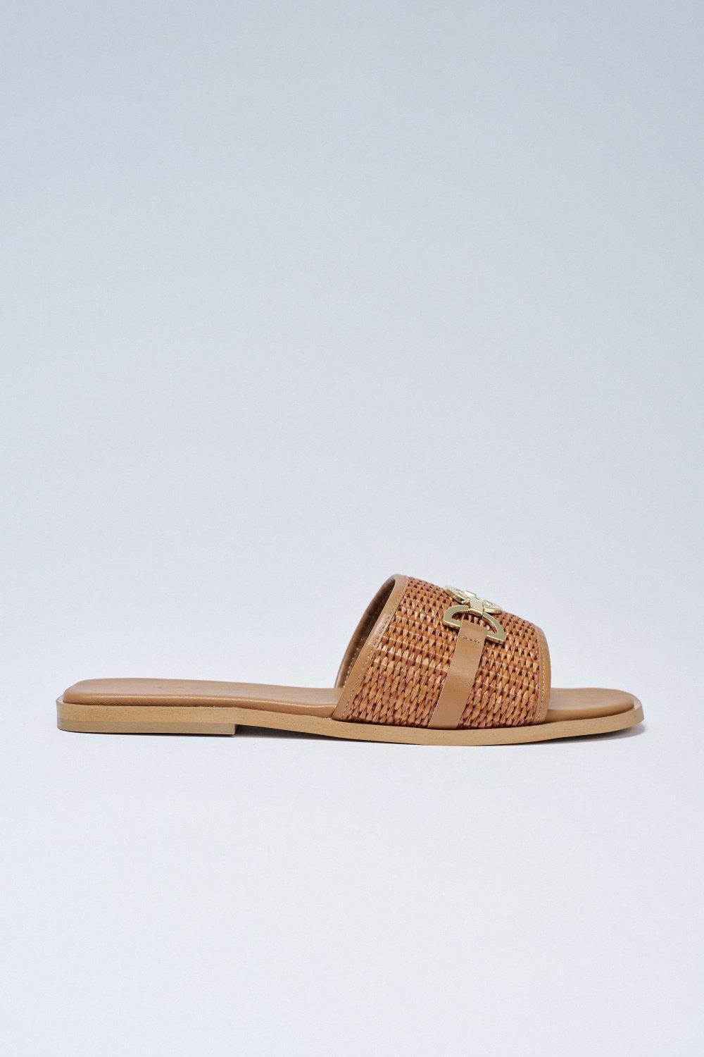 Flat Leather Sandals With Raffia, Navy, large image number 0