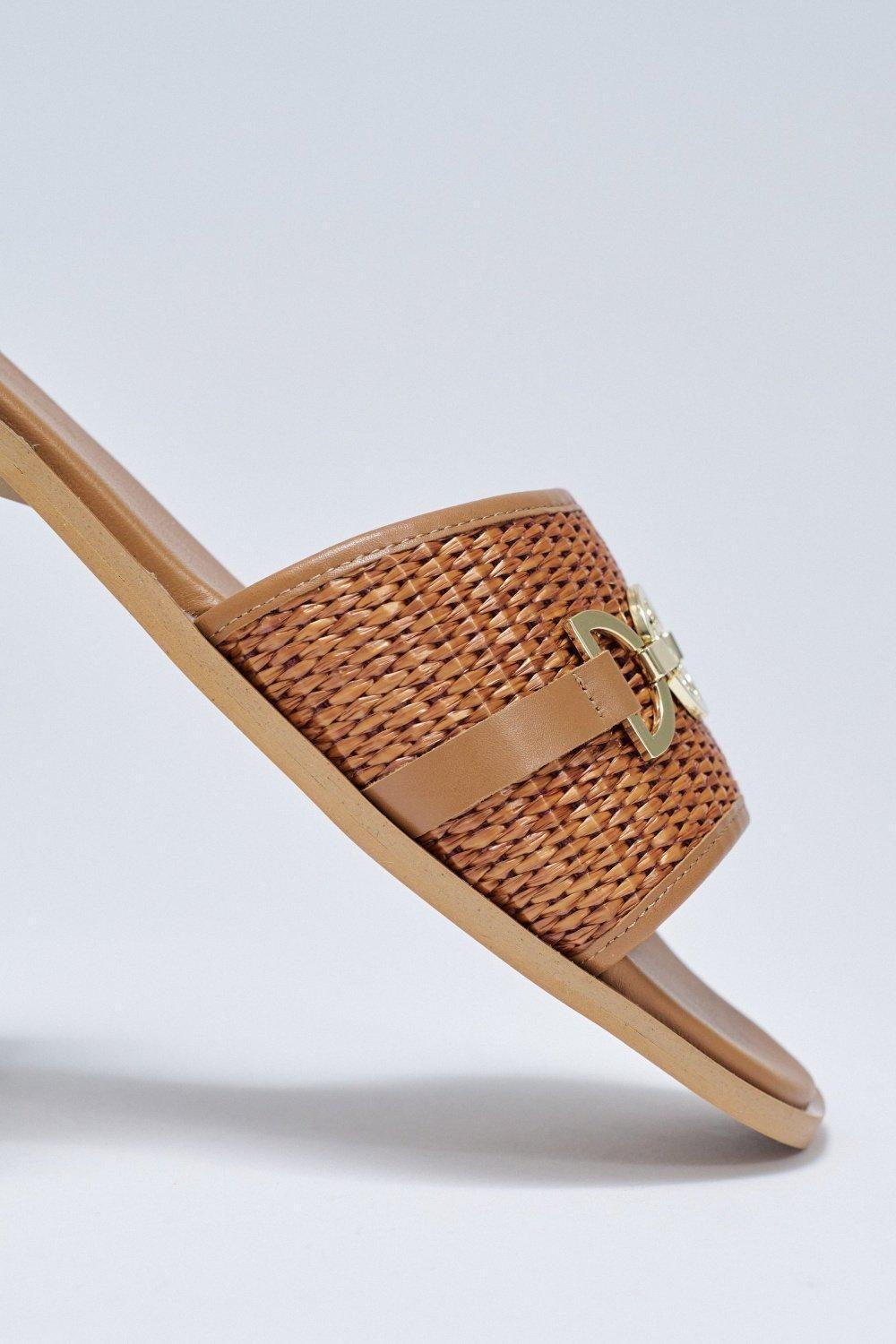 Flat Leather Sandals With Raffia, Navy, large image number 1
