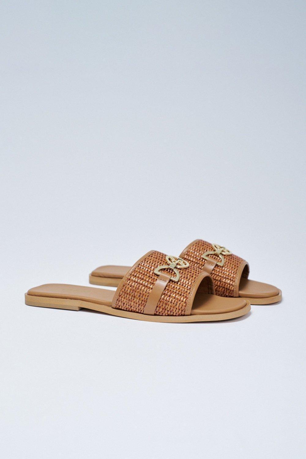Flat Leather Sandals With Raffia, Navy, large image number 2