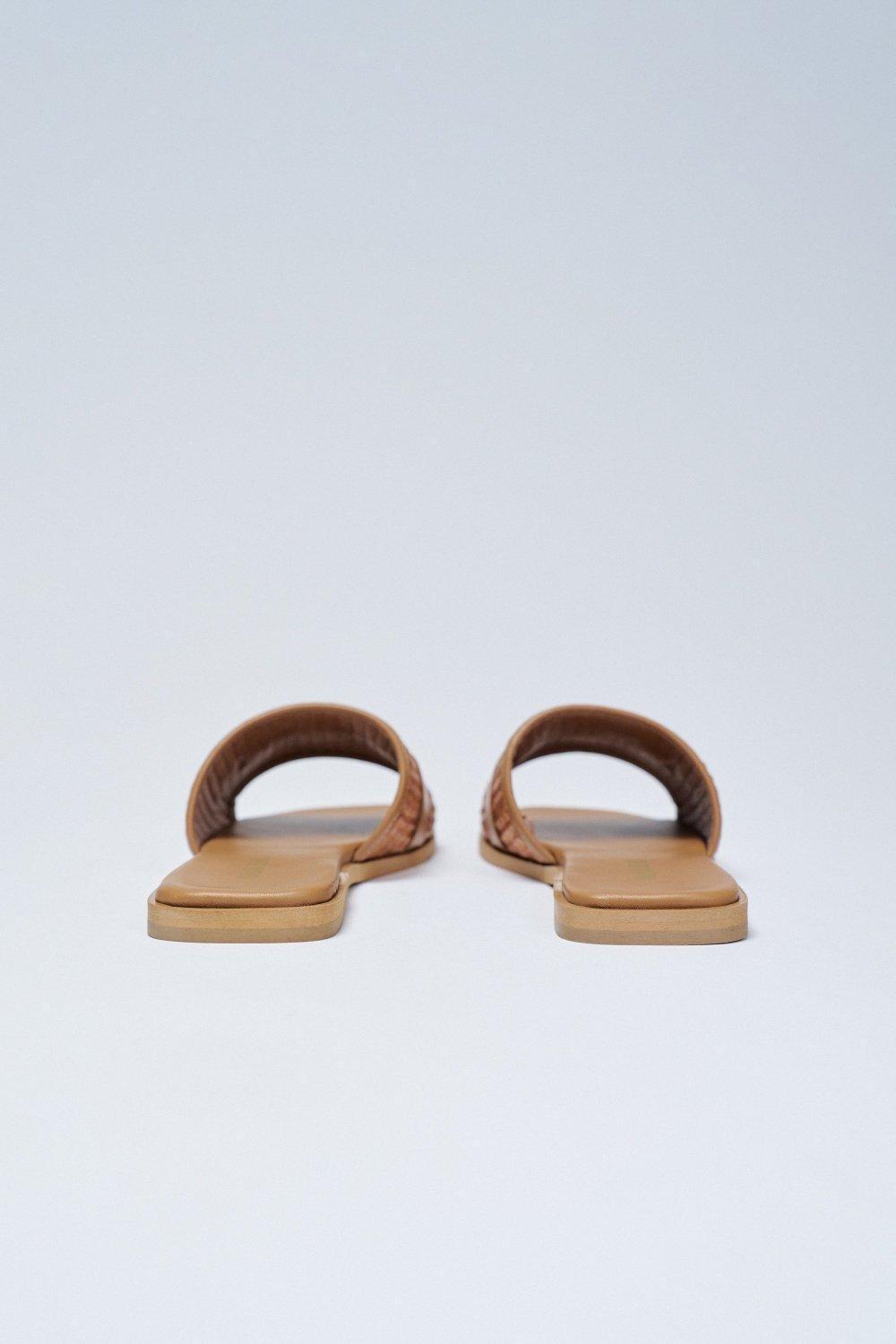 Flat Leather Sandals With Raffia, Navy, large image number 3