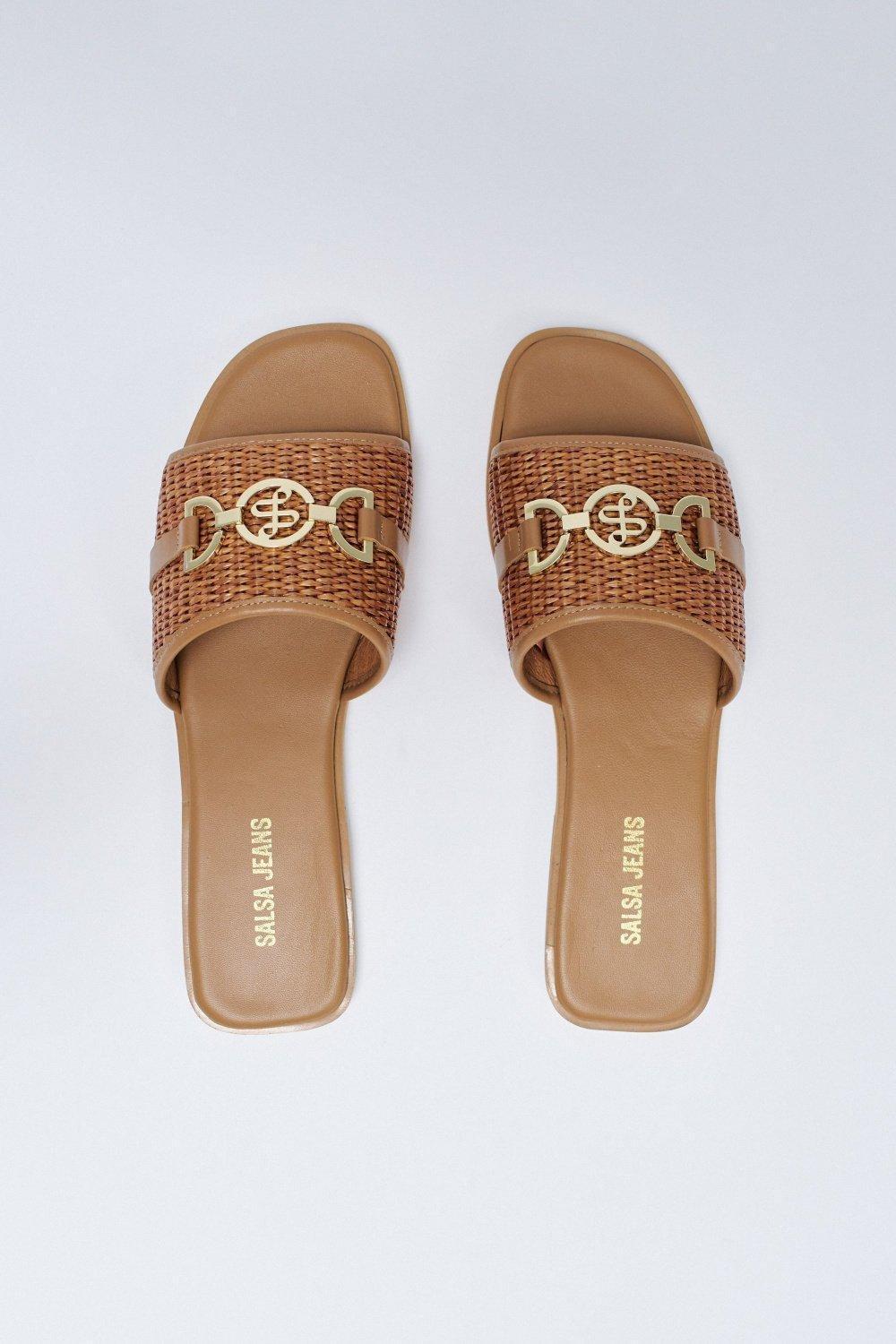 Flat Leather Sandals With Raffia, Navy, large image number 4
