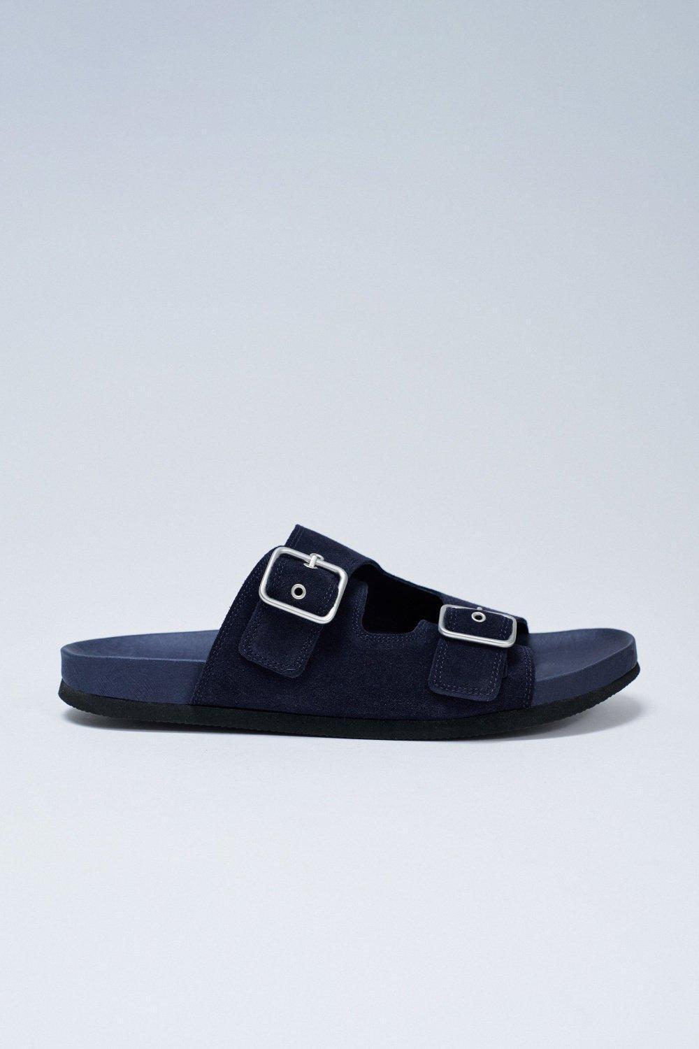 Leather Slippers With Buckles, Navy, large image number 0