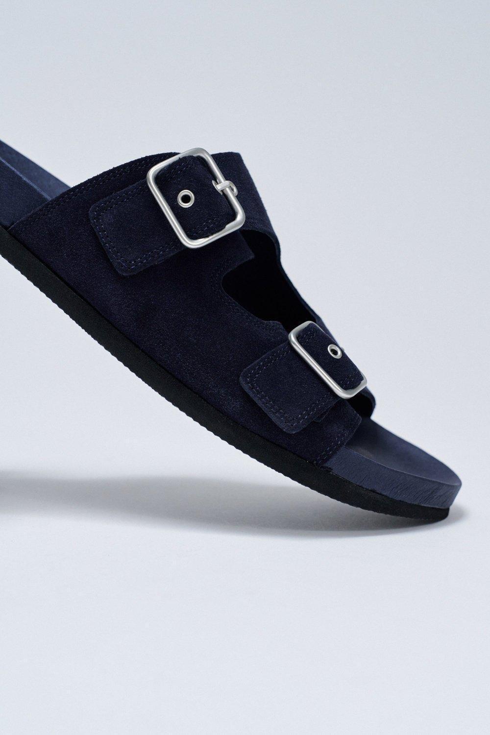 Leather Slippers With Buckles, Navy, large image number 1