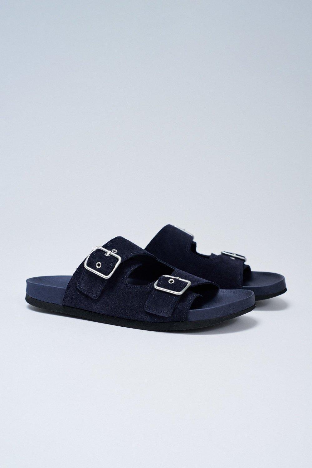 Leather Slippers With Buckles, Navy, large image number 2