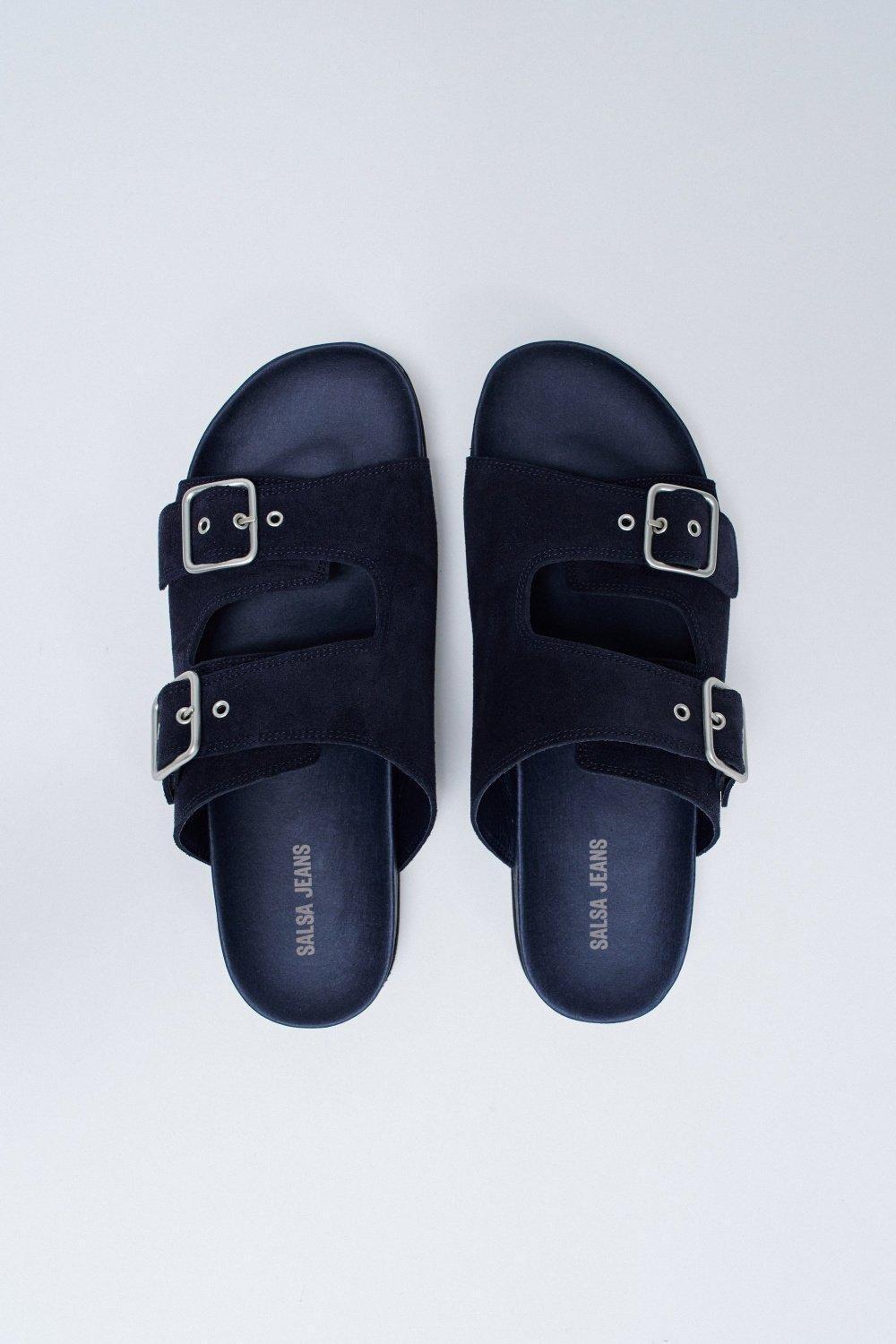 Leather Slippers With Buckles, Navy, large image number 4