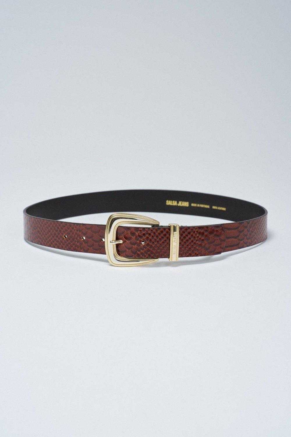 Leather Belt Crocodile Effect, Brown, medium