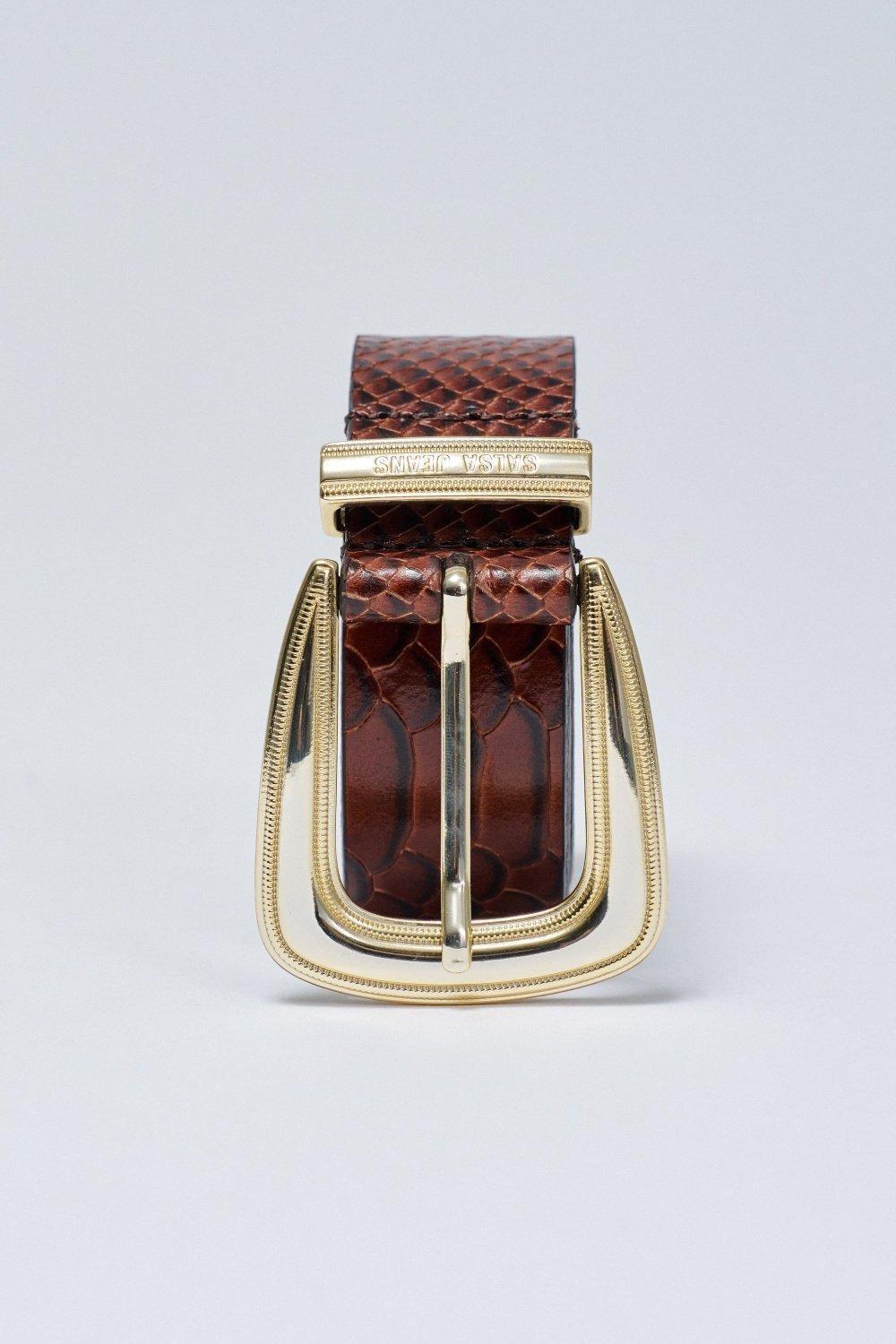 Leather Belt Crocodile Effect, Brown, medium