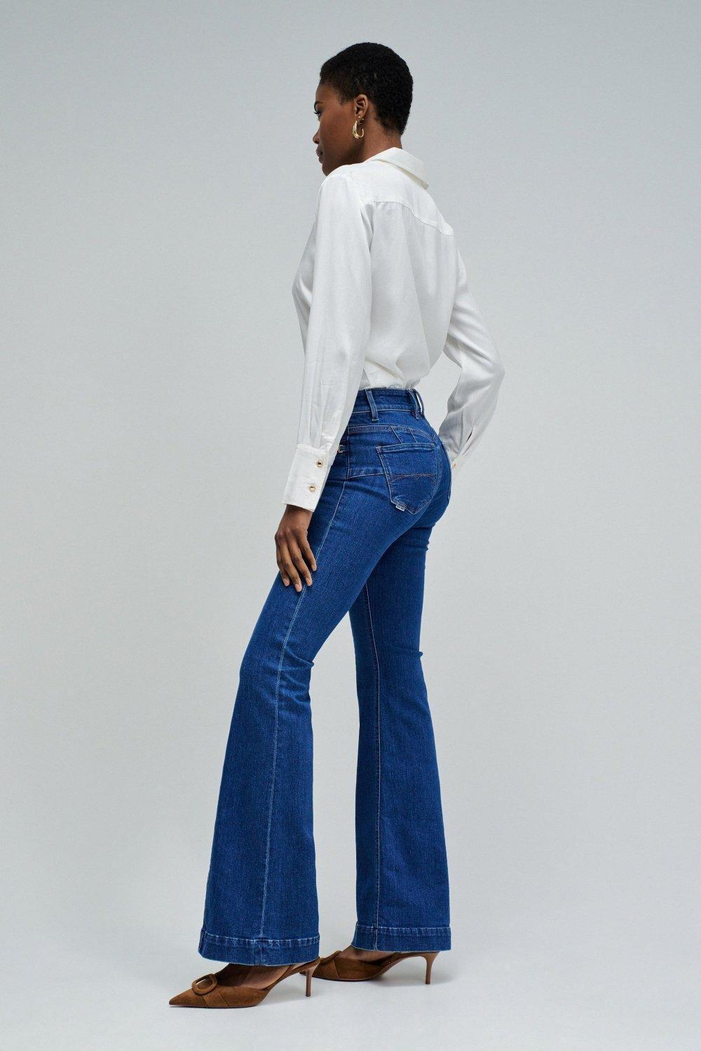 Destiny Push Up Flare Jeans, Dark Blue, large image number 5