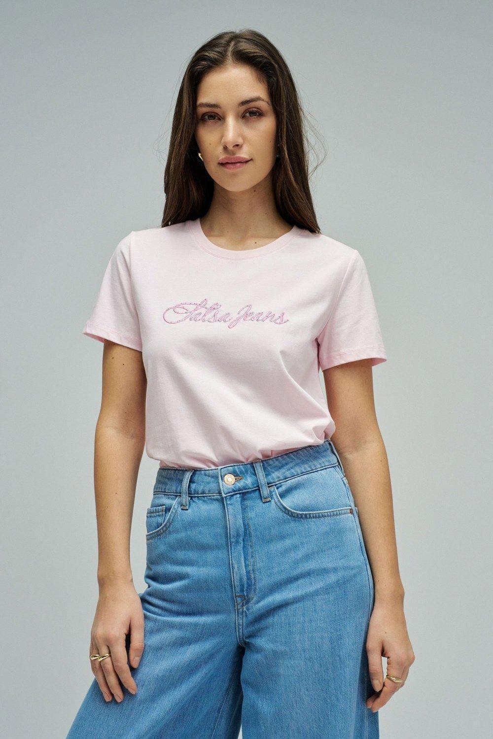 T-Shirt With Branding, Pink, medium