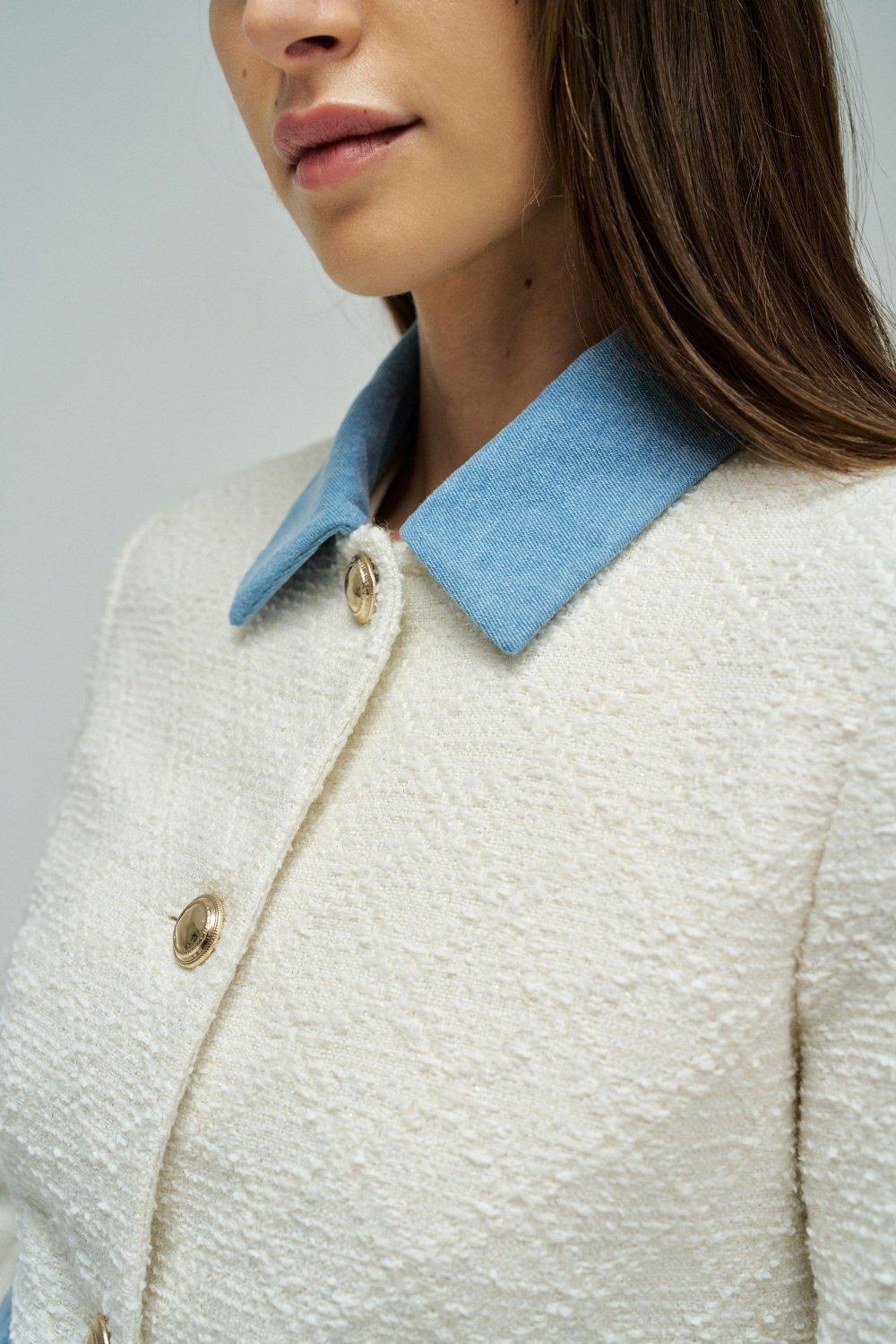 Tweed Jacket With Denim Accent, Beige, large image number 4