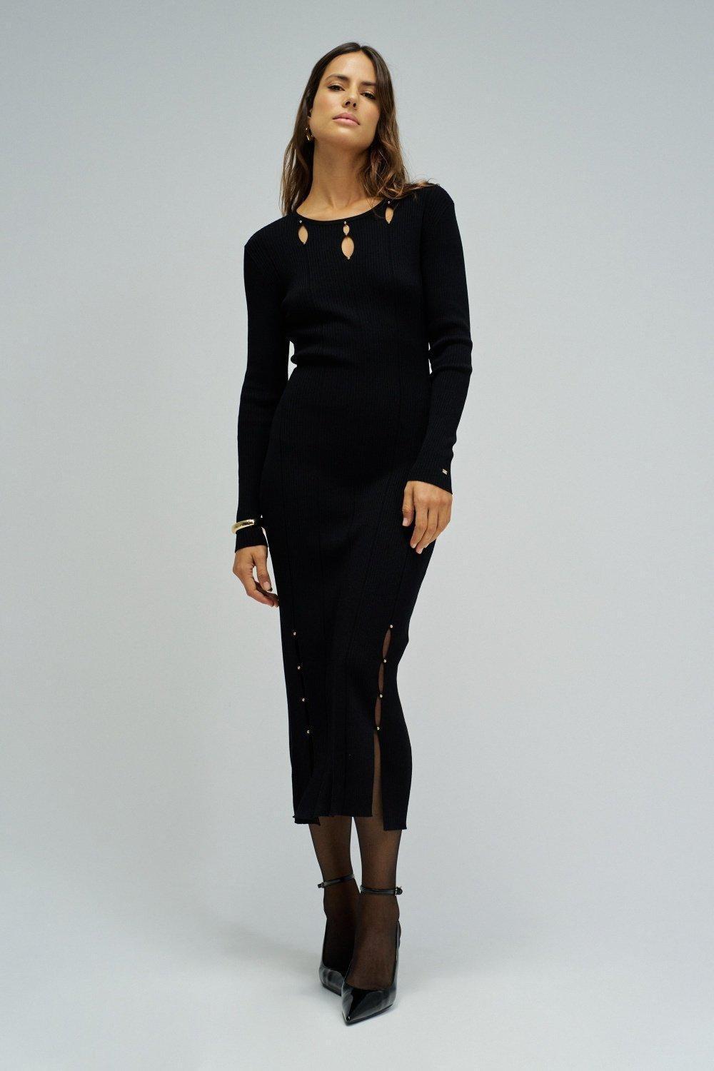 Dress in Ribbed Knit, Black, large image number 1